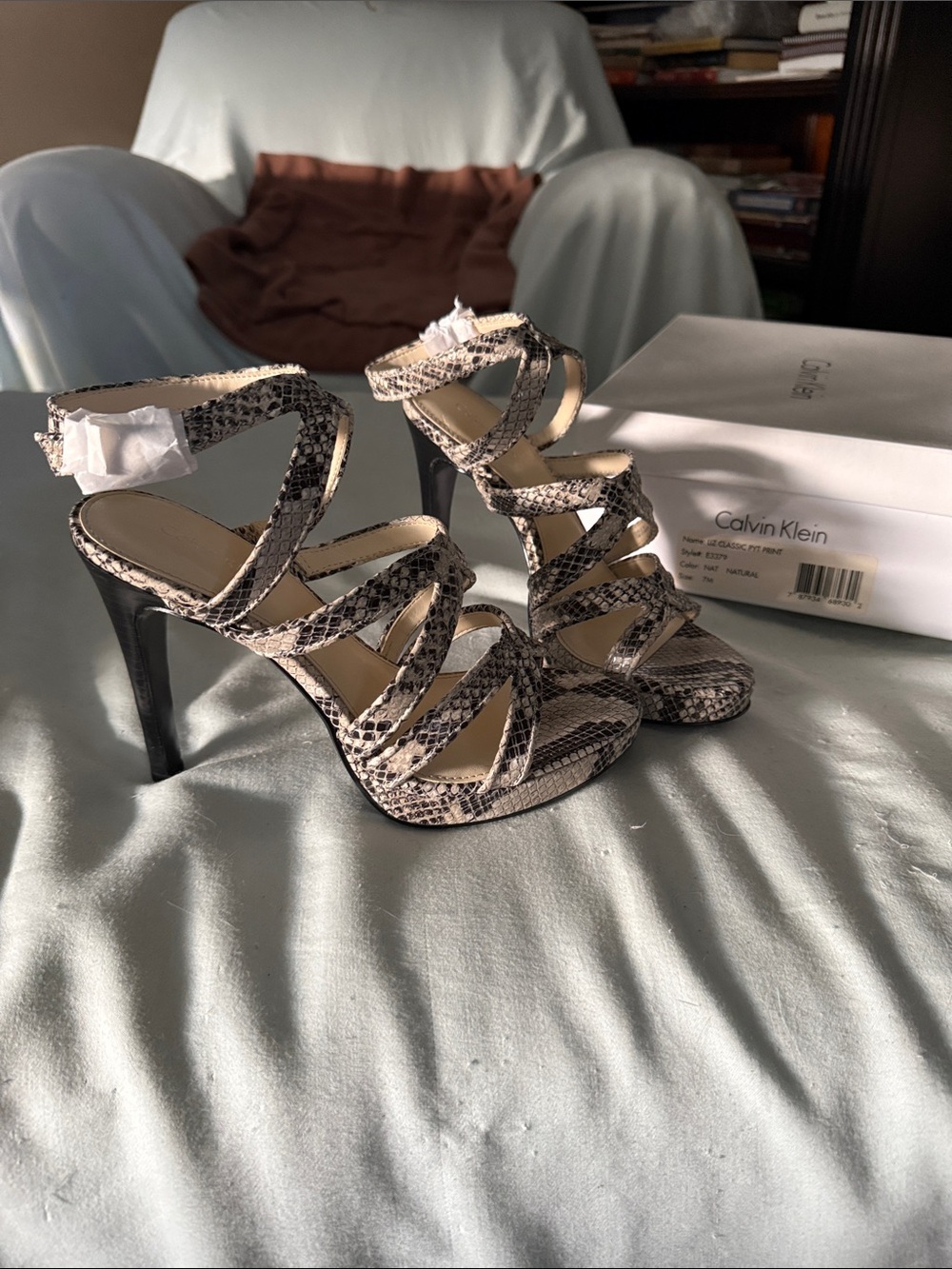 Calvin Klein Snake-Print Strappy Stiletto Sandals - Black & Cream